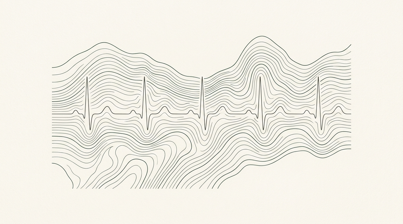 Minimalist editorial illustration combining topographic elevation contours with an arterial pulse waveform