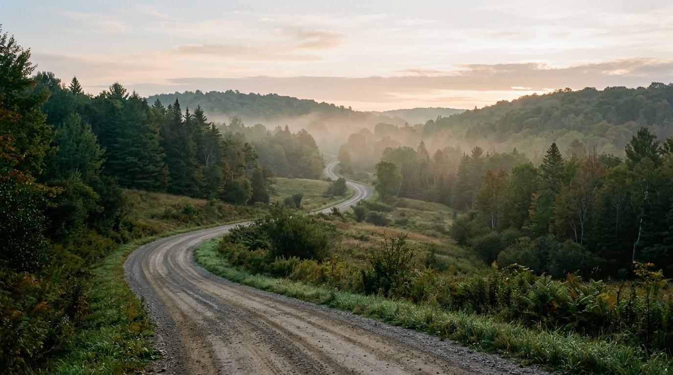 Early morning unpaved gravel road winding through rolling hills in southern Ontario